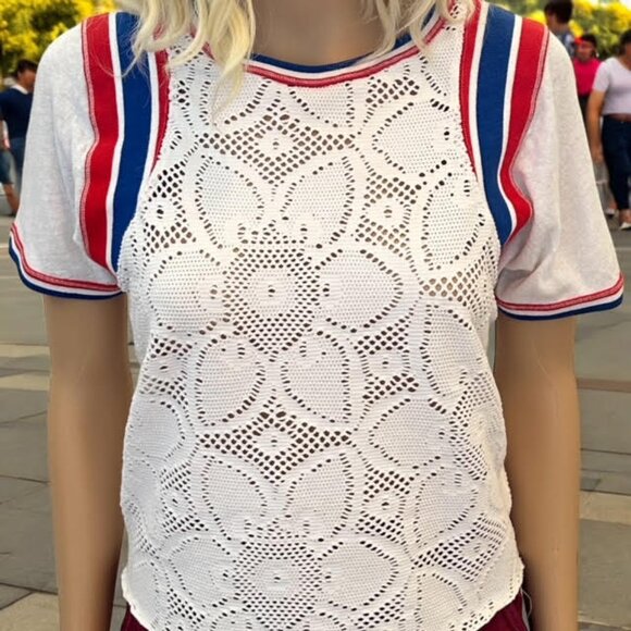Free People XSmall Mimi TShirt Short Sleeve Top White Red Blue Mesh Crochet XS - Picture 7 of 10